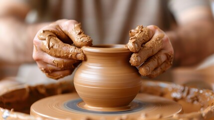 A close-up of a potter's hands shaping wet clay on a spinning wheel, capturing the craftsmanship and artistry involved in pottery making.