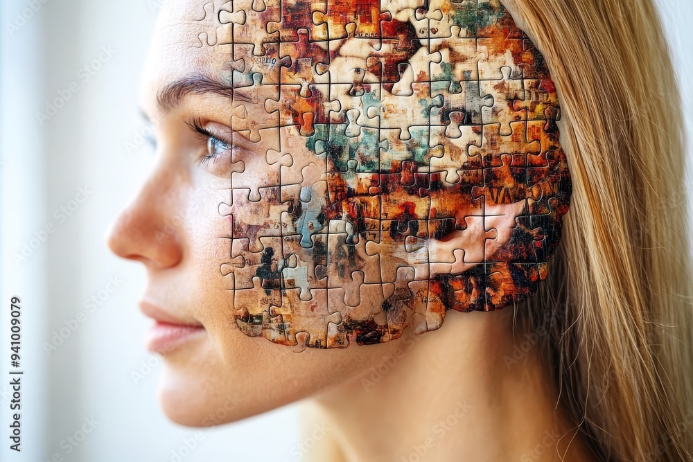 Poster a close up portrait of a young woman with puzzle pieces forming her face symbolizing identity memory