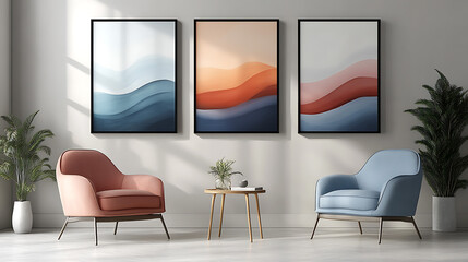 Triptych frames wavy lines painting mockup.