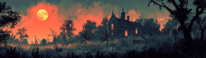 Halloween night in a creepy wilderness with spooky creatures