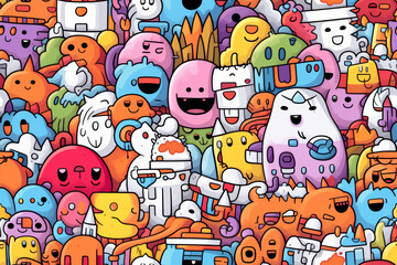 A vibrant and colorful doodle background with a diverse collection of whimsical characters, each with its own unique personality and design.