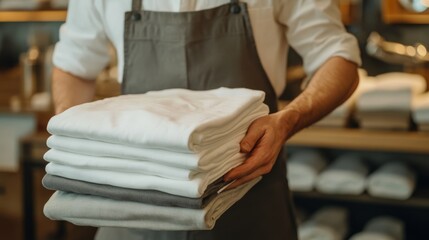 Laundry service worker preparing a delivery of folded linens to a hotel.