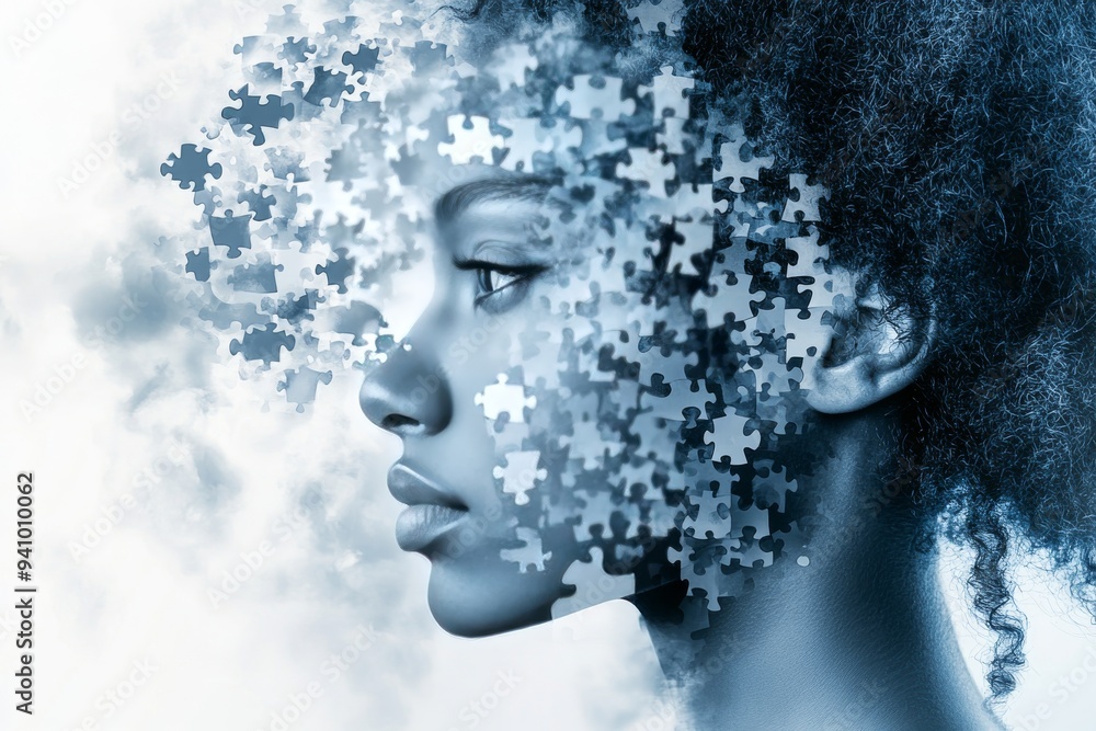 Poster a close up portrait of a woman with puzzle pieces dissolving from her face symbolizing identity memo