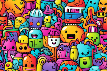 Obraz premium A vibrant and colorful doodle pattern with cartoon characters and abstract shapes.