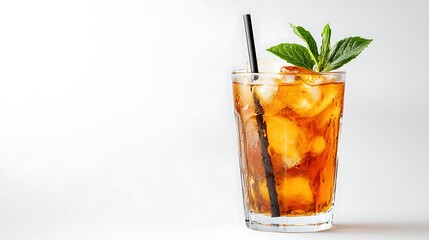 A tall glass filled with iced tea and a sprig of mint on a white background.