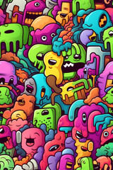 Fototapeta premium A vibrant and colorful pattern featuring a dense collection of quirky and playful cartoon characters, all with unique shapes, expressions, and designs.