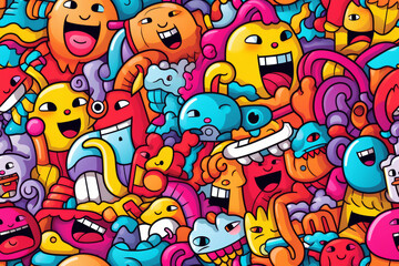 A vibrant and colorful doodle pattern with various funny characters, abstract shapes, and bold lines, creating a chaotic and energetic atmosphere.