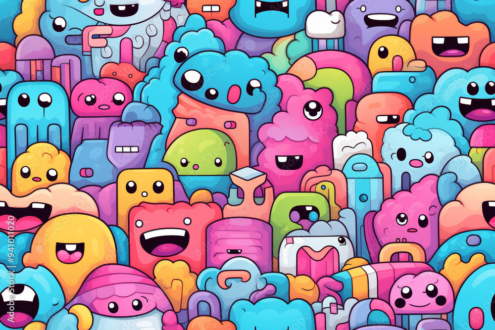 Poster a vibrant and colorful pattern of cartoon monsters with various shapes and expressions.