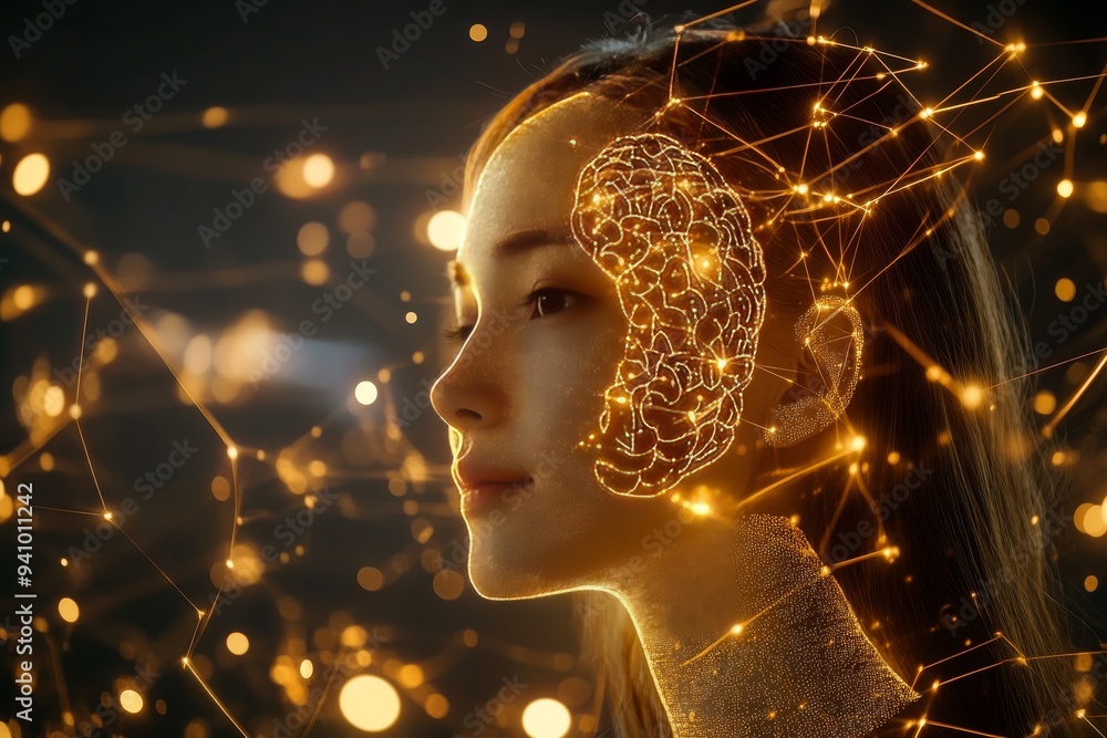 Poster a conceptual digital artwork featuring a woman with glowing neural connections symbolizing intellige