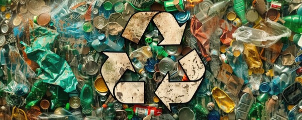 Recycling symbol made of crushed cans on colorful background