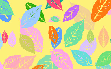 set of colorful leaf icons on a yellow background