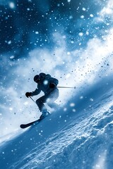 Naklejka premium A futuristic skier with a glowing chest light descends a steep snowy mountain slope during a heavy blizzard.