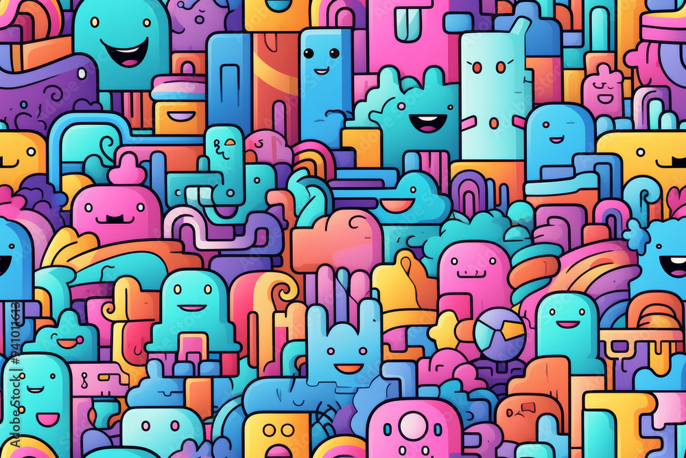 Poster a vibrant and colorful seamless pattern featuring a variety of fun and playful characters and shapes