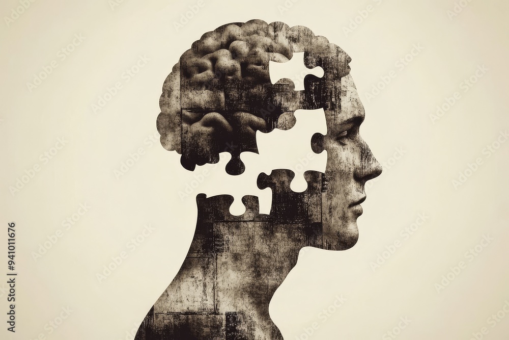 Poster a minimalist profile of a man with puzzle pieces missing from his brain symbolizing cognitive challe