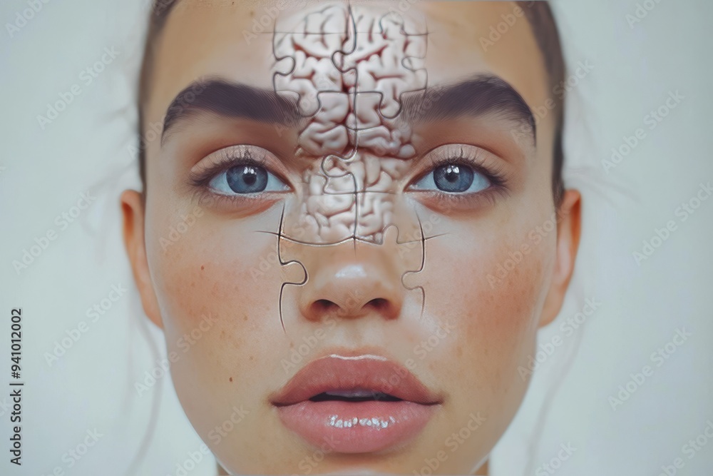 Aufkleber a close up portrait of a woman with puzzle pieces covering her face symbolizing identity memory and 