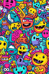 A vibrant and colorful seamless pattern with cute doodle faces, characters, and abstract shapes.