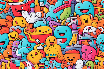 A vibrant and playful doodle pattern featuring various whimsical characters, shapes, and objects.