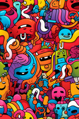 A vibrant and colorful seamless pattern with a variety of doodle characters.