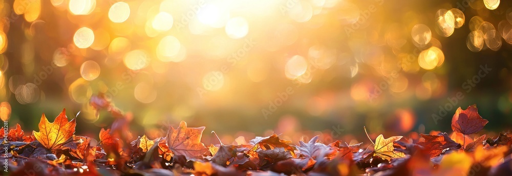 Wall mural golden autumn leaves on branch with bokeh background generative ai