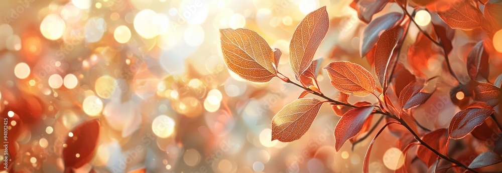 Wall mural golden autumn leaves on branch with bokeh background generative ai