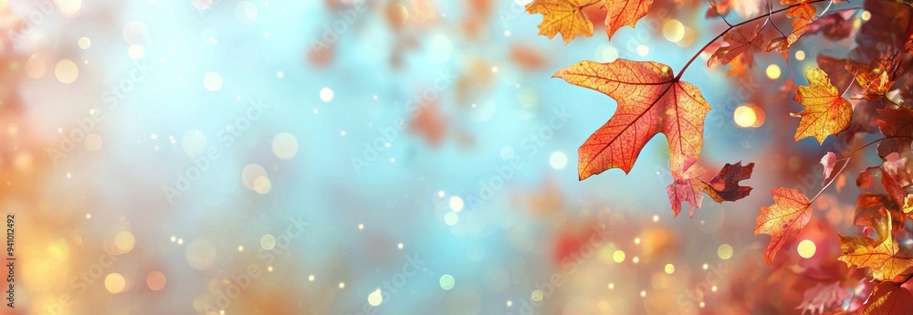 Wall mural golden autumn leaves on branch with bokeh background generative ai