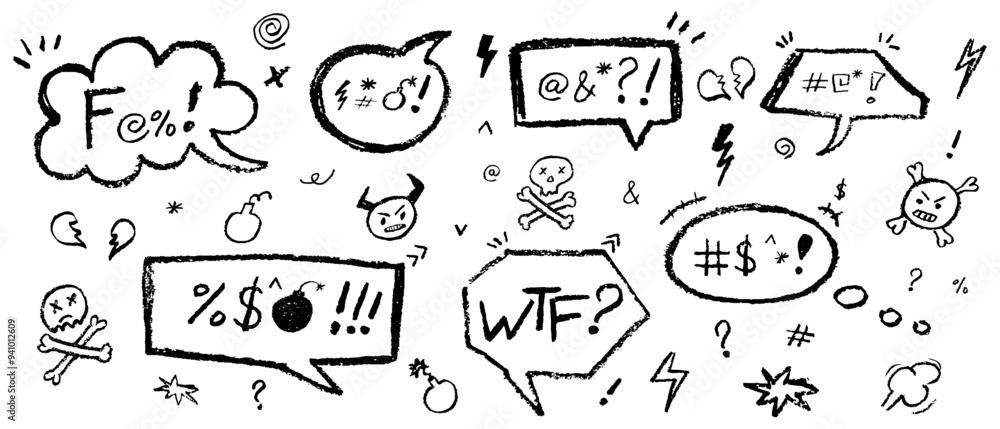 Poster set of speech bubbles drawn by crayon pencil and swear symbols. collection of hand drawn chalk line 