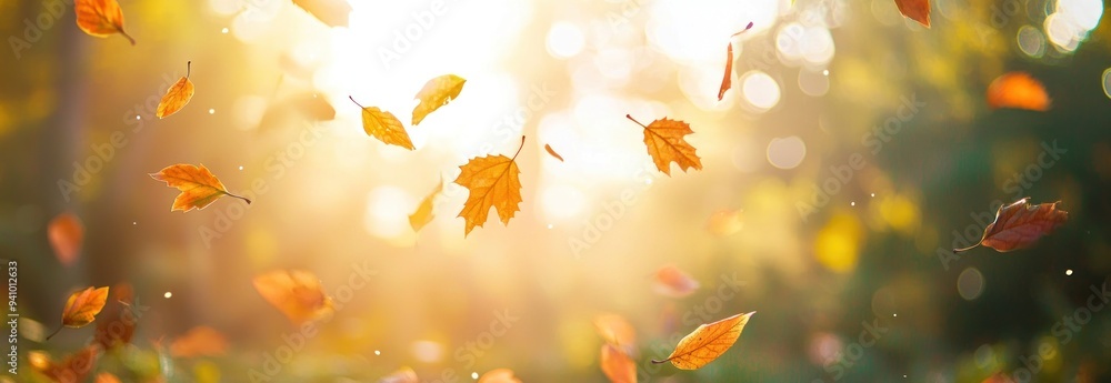 Wall mural golden autumn leaves on branch with bokeh background generative ai