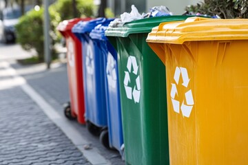 Recycling bins. Colorful trash cans in a row in the city. Recycling concept.
