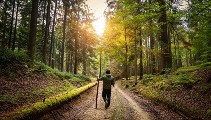 Holding a stick on a forest track, nature trail