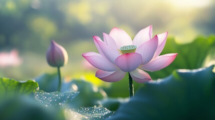 Obraz premium A pink lotus with morning dew shines among green leaves, reflecting beauty in a tranquil pond.