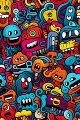 A vibrant and playful seamless pattern of colorful cartoon monsters and abstract doodle elements.