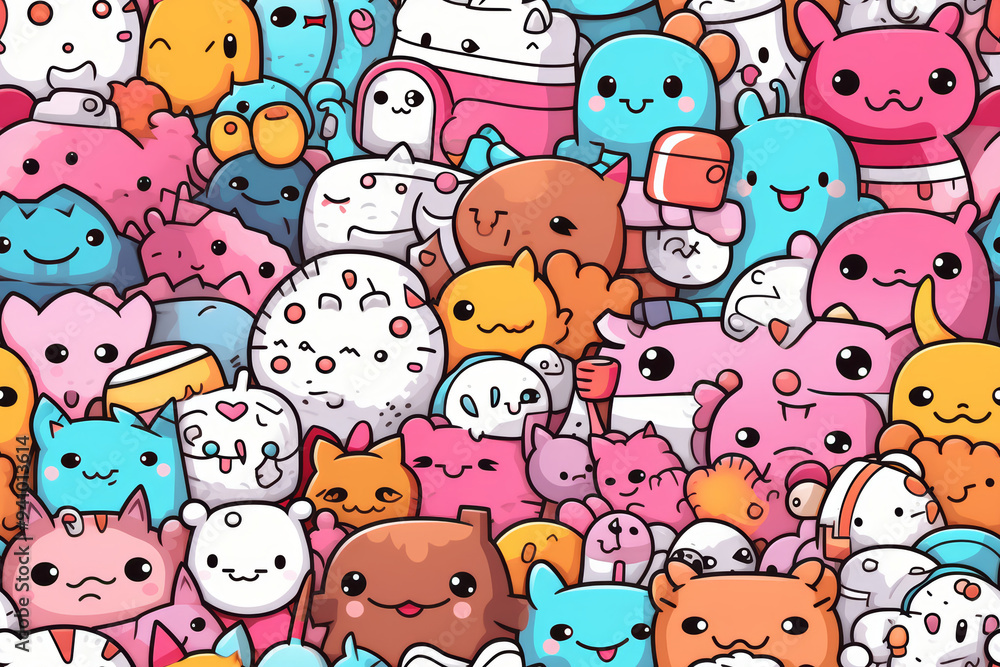 Poster a vibrant seamless pattern featuring a playful crowd of adorable cartoon characters with expressive 