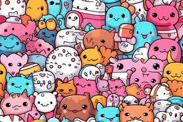 A vibrant seamless pattern featuring a playful crowd of adorable cartoon characters with expressive faces.