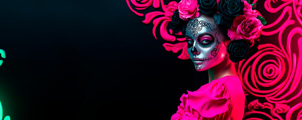 A girl dressed as gothic Calavera Catrina during the Mexican Day of the Dead celebration. Hyper-realistic fashion photo, high quality.