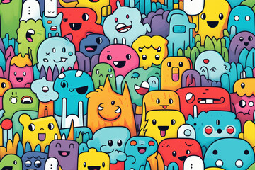 A vibrant, colorful doodle pattern of cute, cartoon-like monsters with various expressions.
