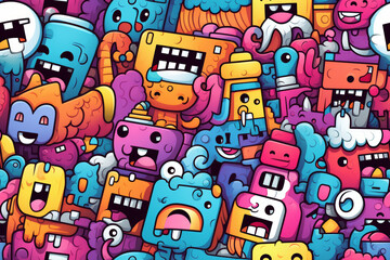 A vibrant, chaotic pattern of colorful doodle monsters with playful expressions,  ideal for backgrounds, textiles, or branding.
