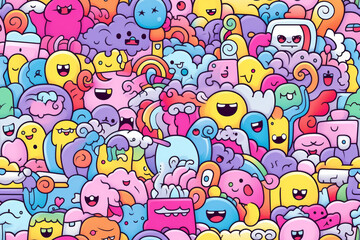 Fototapeta premium A vibrant, colorful pattern featuring a multitude of adorable, cartoon-like characters and shapes in a playful and whimsical design.