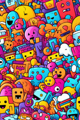 Fototapeta premium A vibrant, colorful, and chaotic pattern of various cartoon characters and abstract shapes.
