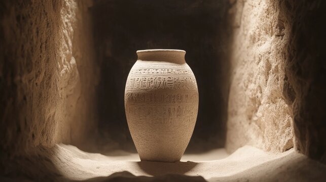 An Egyptian vase, inscribed with hieroglyphs, sitting in a dimly lit tomb