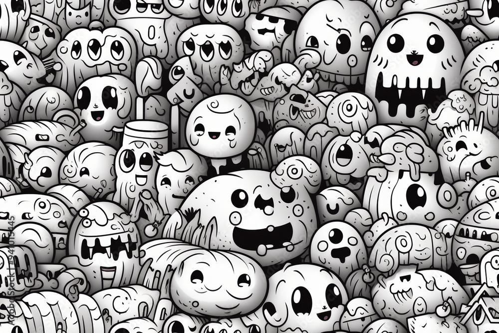 Aufkleber a whimsical pattern featuring a multitude of cartoon characters in a black and white color scheme, c