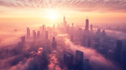Fototapeta premium Panoramic view of a city skyline with morning haze, rising sun adding a soft glow, urban awakening, start of a new day