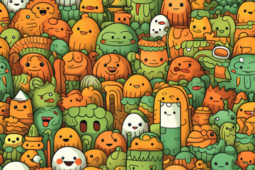 Fototapeta premium A whimsical and colorful pattern featuring a dense crowd of cartoon creatures with various shapes, sizes, and expressions.