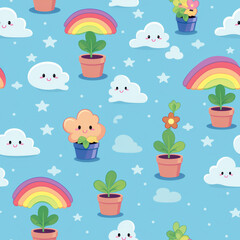 Fototapeta premium A whimsical seamless pattern featuring cute clouds, rainbows, potted plants, and stars on a blue background.