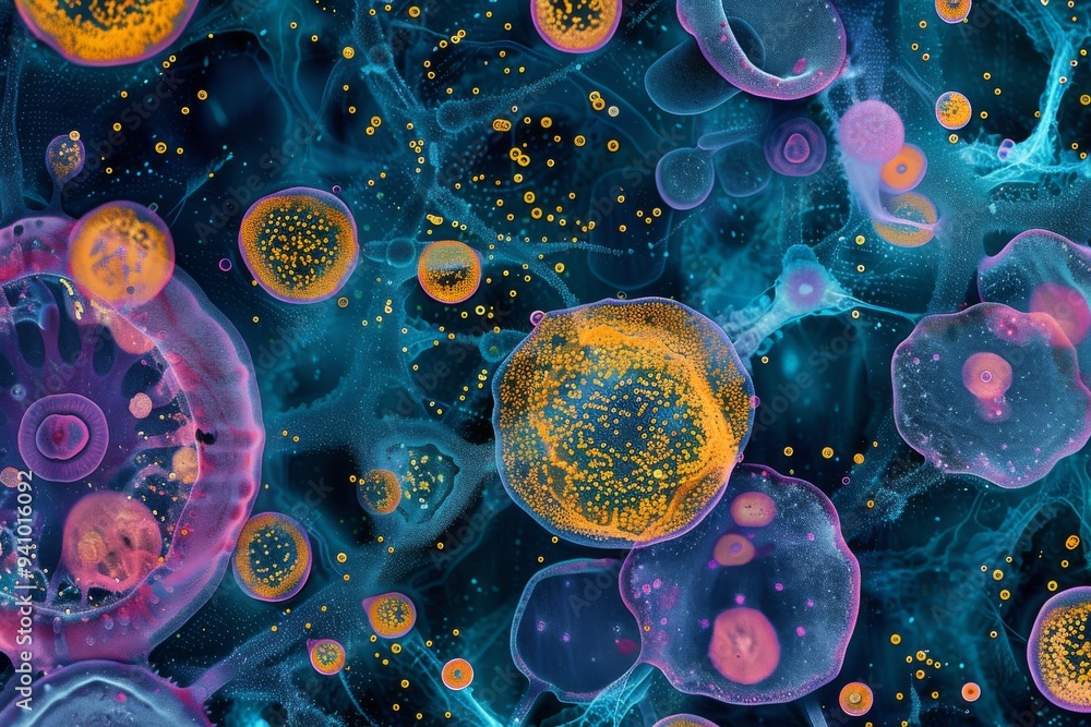 Poster visual representation of different human cell types, highlighting the intricate structure of the hum
