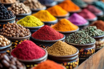 A bustling and colorful spice market scene featuring a variety of spices in wooden bowls,...