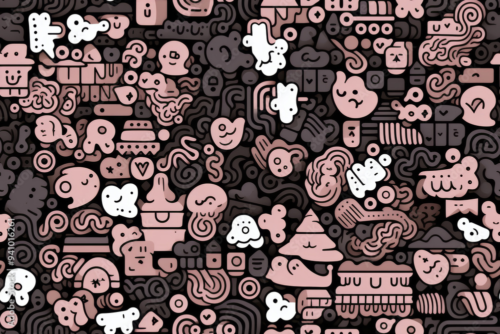 Poster abstract seamless pattern with various doodle elements in pink and black color.