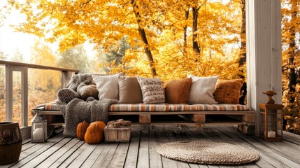 Balcony with pillows and blankets against backdrop of autumn leaves. Wooden terrace. Autumn retreat