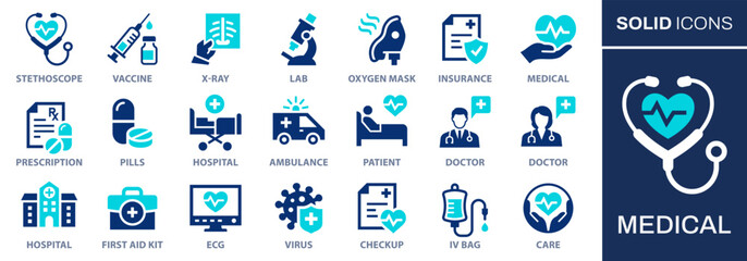 Medical icon set. Collection of vaccine, stethoscope, x-ray, oxygen mask, and more. Vector illustration. Easily changes to any color.