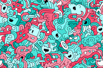 Abstract seamless pattern with pink and blue doodle swirls and smiling faces.