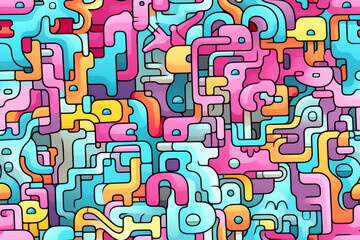 Colorful abstract seamless pattern with geometric shapes and lines.